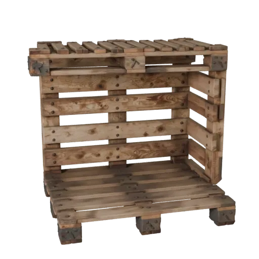 Modello 3D modulare di pallet industriale in legno, vista isometrica del kit modulare, che mostra assi di legno, massa impila
