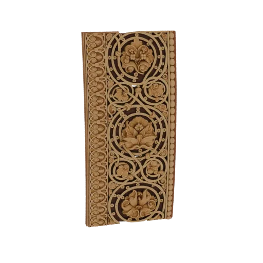 3D model of an ornate carved wooden panel with intricate floral patterns and decorative borders.