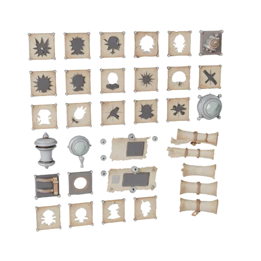 Fantasy Scroll Bundle Modular 3D model, isometric modular kit view, showing paper-like cards, small readable forms.