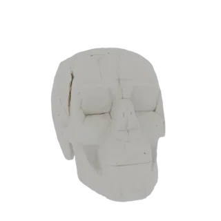 Un rendu 3D d'un crâne abstrait fait de plans géométriques, vu sous un léger angle sur fond noir.