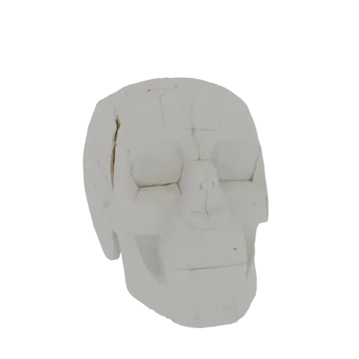 Un rendu 3D d'un crâne abstrait fait de plans géométriques, vu sous un léger angle sur fond noir.