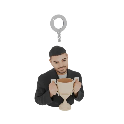 Modelo 3D de um homem de terno escuro segurando um troféu dourado, com algemas prateadas suspensas acima de sua cabeça.