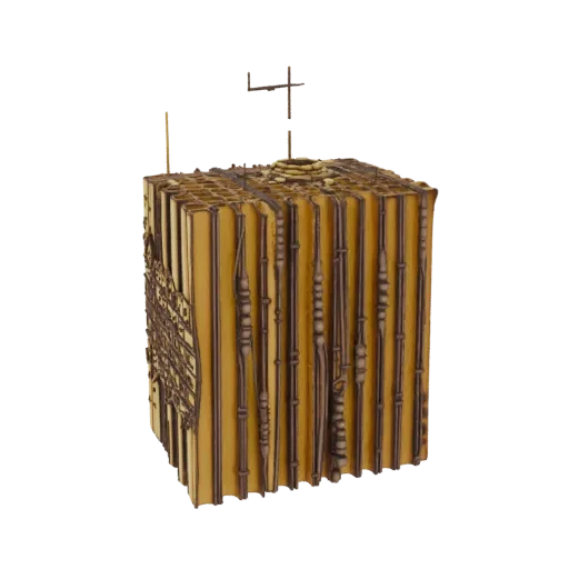 3D model of a golden cube with a honeycomb texture and a small cross on top, set against a black background.