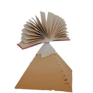3D model of an open book with fanned pages balanced on top of a cardboard pyramid.