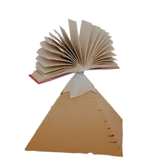 Modelo 3D de un libro abierto con páginas desplegadas equilibrado sobre una pirámide de cartón.