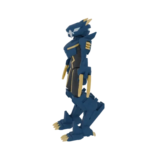 Side view of a 3D model of a cybernetic panther warrior, colored in blue with gold accents, featuring sharp claws and robotic