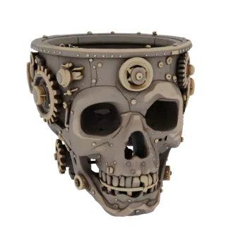 3D model of a human skull planter in steampunk style with gears and mechanical details