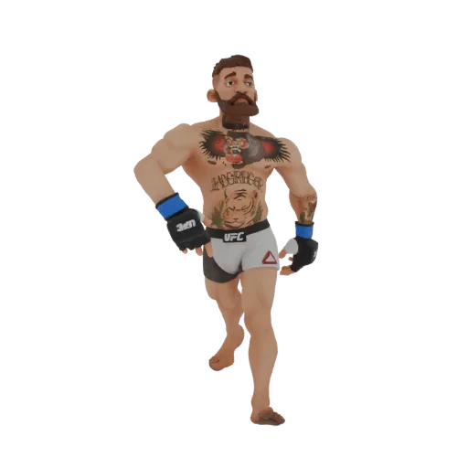 3D model of MMA fighter Conor McGregor in a dynamic pose, wearing fight shorts and gloves, with tattoos visible.