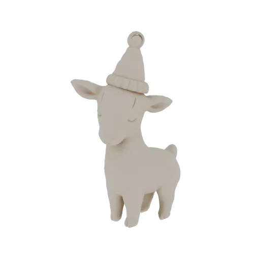 Modèle 3D d'un adorable bébé bouc portant un bonnet de Père Noël, les yeux fermés et une expression sereine, sur fond blanc.