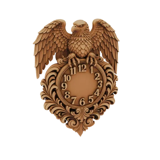 3D-Modell eines holzartigen Adlers, der über einem verzierten Zifferblatt mit römischen Ziffern und dekorativen Schnörkeln th