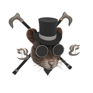 3D model of a brown mouse wearing a black top hat and round glasses, with two crossed canes behind its head.