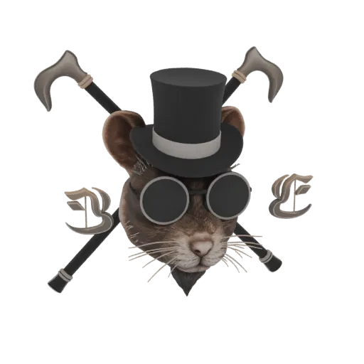 3D-Modell einer braunen Maus mit schwarzem Zylinder und runder Brille, zwei gekreuzte Gehstocke hinter dem Kopf.