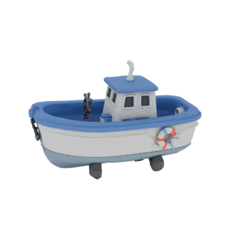 Modelo 3D de barco de dibujos animados con casco blanco, lados azules, cabina, timón y salvavidas