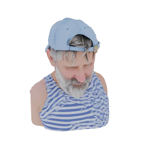 3D model render of a man's bust wearing a blue baseball cap and a blue and white striped tank top.
