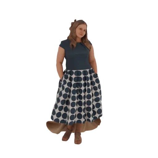 3D-Modell einer Frau mit Händen in den Taschen, die ein blaues Oberteil und einen vollen marineblauen und weißen gepunkteten