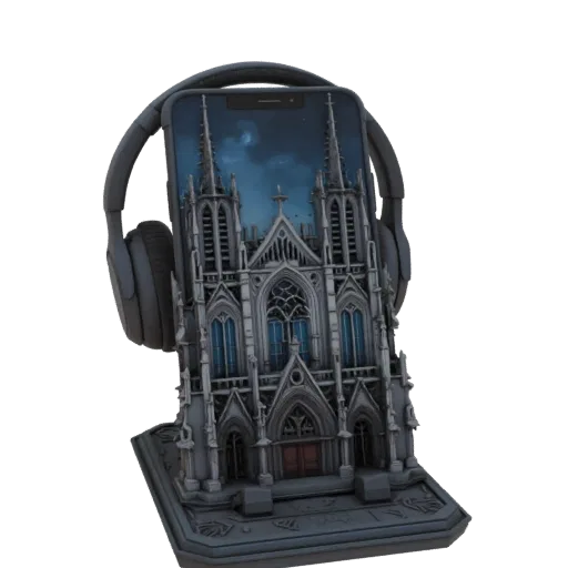 3D model of a phone and headphone stand in the form of a detailed Gothic cathedral with a night sky on the phone screen