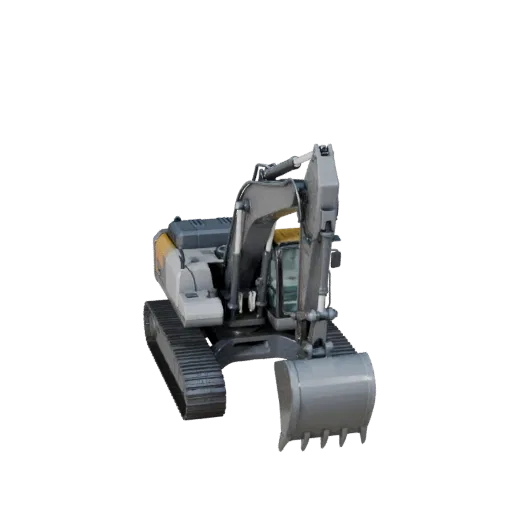 Modulares 3D-Modell des Straßenbau-Baggers, isometrische Ansicht des modularen Kits, zeigt lackierten Stahl, große mechanisch
