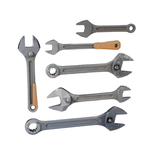 Vintage Wrench Low Poly 3D model, game viewport three-quarter view, showing painted metal, functional silhouettes.