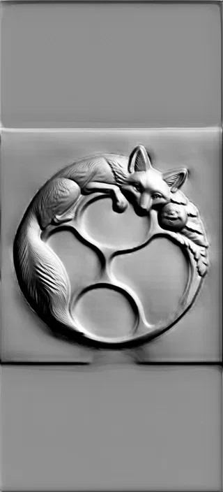 3D model of a bas-relief featuring a fox lying on a circular pattern, with Kolobok next to it.