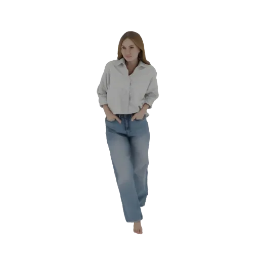 3D model of a woman with long brown hair, wearing a light blue shirt and jeans, walking with hands in pockets.