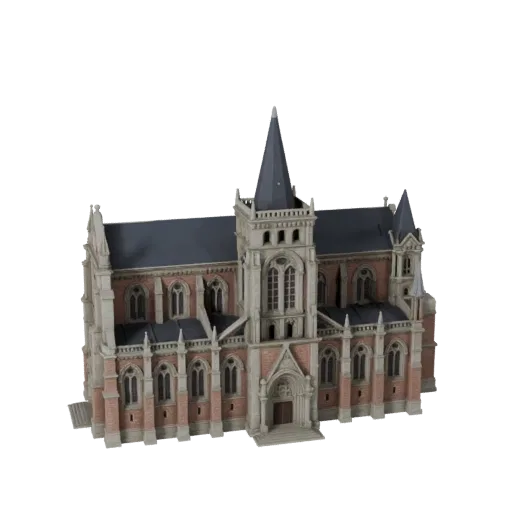 Cathedral low poly 3D model, game-ready exterior view, showing public building materials and architectural detail