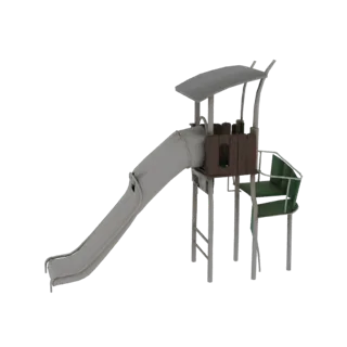 Modello 3D di un parco giochi moderno con scivolo tubolare grigio, casetta in legno marrone e sedute verdi, su sfondo bianco.