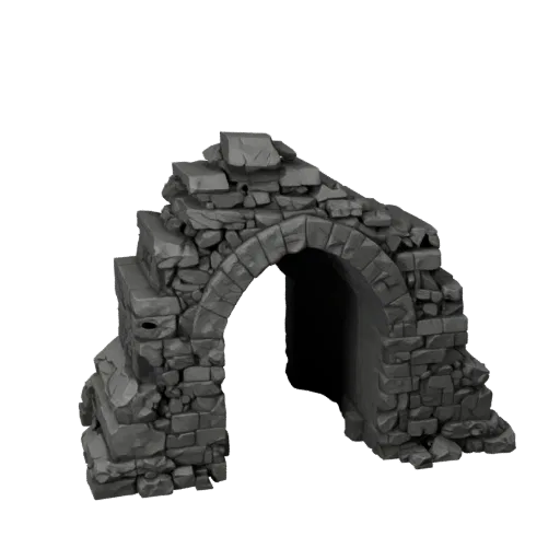 Collapsed Dungeon Corridor Low Poly 3D model, game viewport three-quarter view, showing aged stone, built remnants.