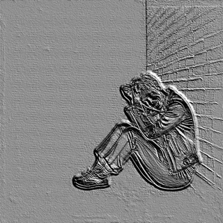 نموذج ثلاثي الأبعاد لنقش بارز لشخص حزين يجلس في الزاوية، بأسلوب الحفر.