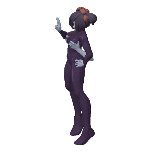 3D model of a spider-like character with four arms, wearing a dark purple suit and making a peace sign.