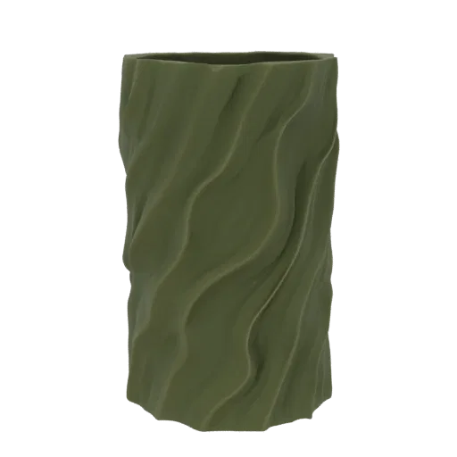 Un rendu 3D d'un vase cylindrique avec une surface texturée ressemblant à de l'écorce d'arbre torsadée, présenté sur fond bla