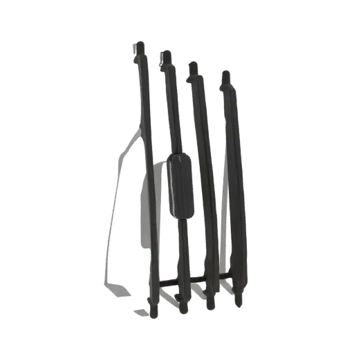 A 3D render of a black metal fireplace tool set, including a poker, brush, tongs, and shovel, casting a shadow.