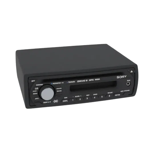 3D model of a black Sony car stereo with a CD slot, digital display, and control buttons, shown from a front-side angle.