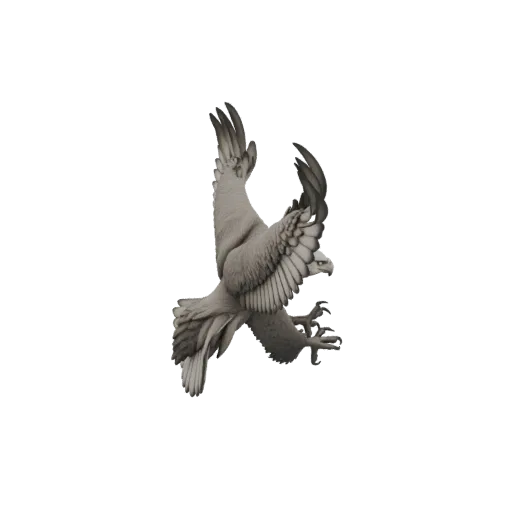 3D model of a majestic eagle in mid-flight, wings spread wide, talons extended, against a white background.