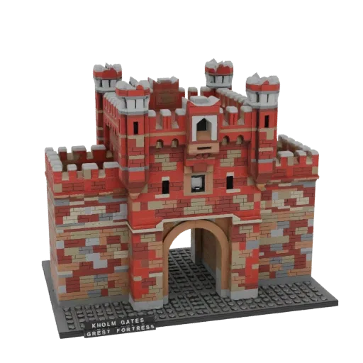 3D model of Kholm Gates Great Fortress, designed in a LEGO brick style, with red brick walls, turrets, and an archway.