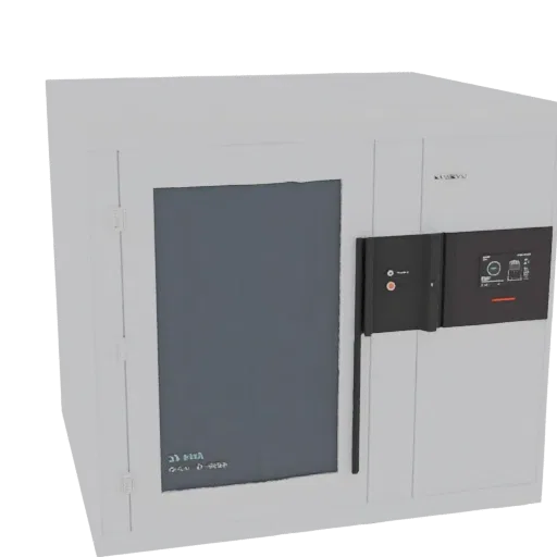 3D model of a modern industrial washing machine with a gray door and a digital control panel on the side.