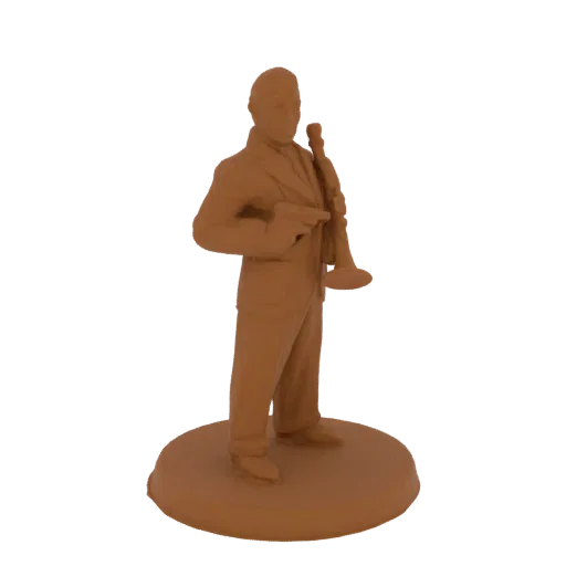 3D model render of a jazz musician in a suit, holding a trumpet, standing on a circular base.
