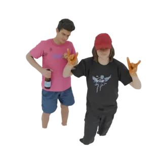 Modello 3D di due giovani, uno in rosa, uno con cappellino rosso, entrambi con il gesto 'rock on'.