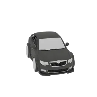 Modelo 3D de un sedán gris oscuro con kit widebody, visto desde un ángulo frontal-lateral sobre un fondo blanco.