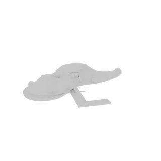 A 3D render of a futuristic spacecraft with swept-back wings, presented against a black background.