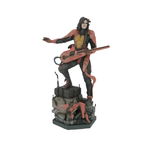 3D model of a cyberpunk rocker with a red and black outfit, holding a futuristic electric guitar, standing on a rubble base.