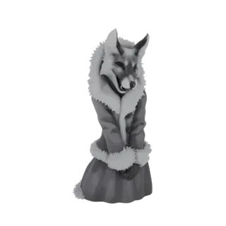 3D-Modell eines anthropomorphen Fuchses mit einem pelzbesetzten Wintermantel und verschränkten Händen vor dem Körper.