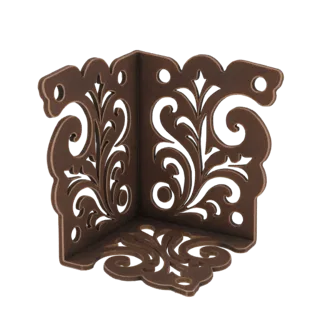Ein 3D-Rendering eines dekorativen Eckenschutzes mit komplexen Rankenmustern in metallischer Bronzeoberfläche.