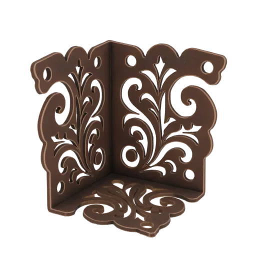 Un rendering 3D di una protezione angolare decorativa con intricati motivi a intreccio, mostrata in una finitura bronzo metal