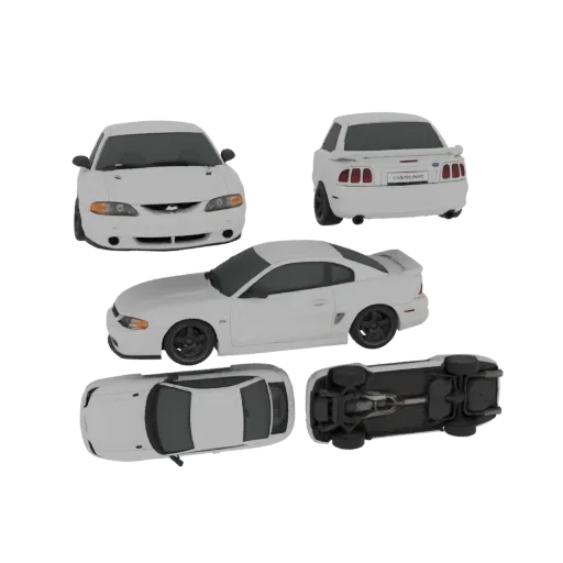 3D model of a white 1996-2000 Ford Mustang GT coupe, shown from multiple angles including front, rear, side, top, and undersi