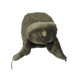 3D model of a grey winter Ushanka hat with faux fur trim and a circular emblem on the front.