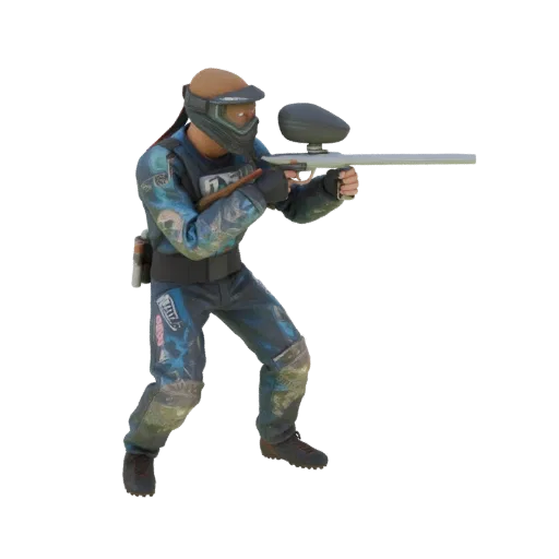 3D model of a paintball player in a dynamic pose, holding a paintball marker, wearing protective gear.