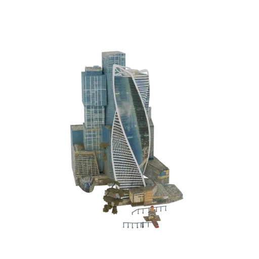 3D model of the Moscow City skyscraper complex, highlighting the twisted Neva Towers and surrounding modern buildings.