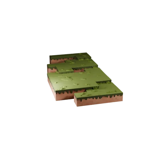 Mossy Root Path Low Poly 3D model, game viewport three-quarter view, showing layered soil, raised bases.
