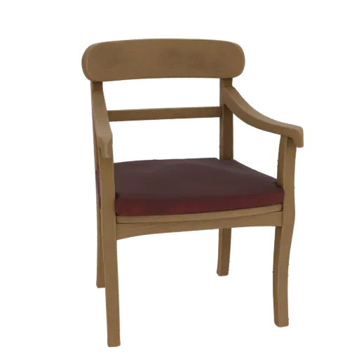3D model of a classic wooden armchair with a burgundy upholstered seat and backrest, set against a white background.