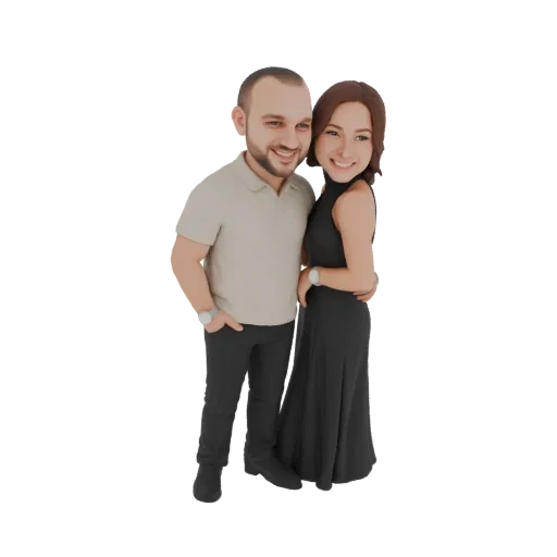 3D model of a smiling couple embracing, the man in a polo shirt and the woman in a black dress.